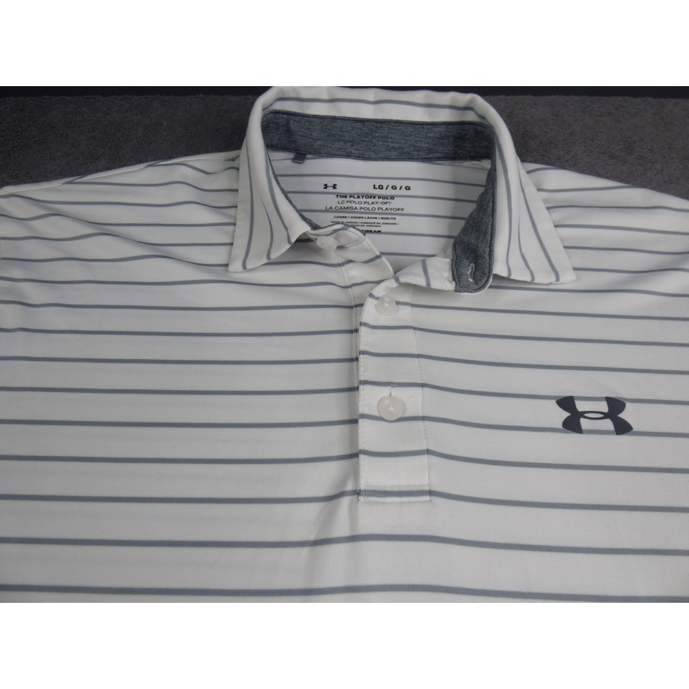 Under Armour Playoff Polo Mens Large White Grey Striped Short Sleeve Golf Shirt - Picture 6 of 12